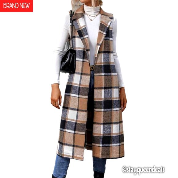 Long Wool Blend Plaid Vest Sleeveless Open Front Belted Women's Outerwear